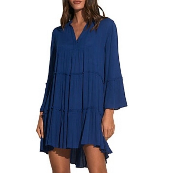 Elan Dresses & Skirts - Elan Mini Dress Size SMALL Blue Teal Tiered Ruffle Swing Wide Long Sleeves